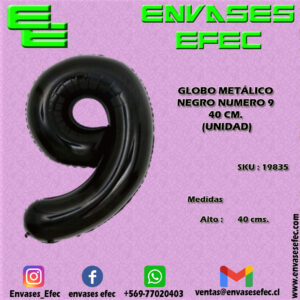 GLOBO METÁLICO NEGRO NUMERO 9 - 40 CM (UNIDAD)