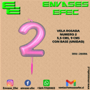 VELA ROSADA NUMERO 2 - 5,5 CMS X 9 CMS CON BASE (UNIDAD)
