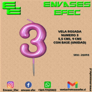 VELA ROSADA NUMERO 3 - 5,5 CMS X 9 CMS CON BASE (UNIDAD)