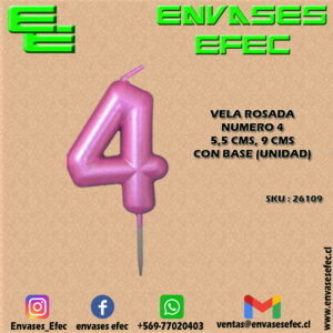 VELA ROSADA NUMERO 4 - 5,5 CMS X 9 CMS CON BASE (UNIDAD)