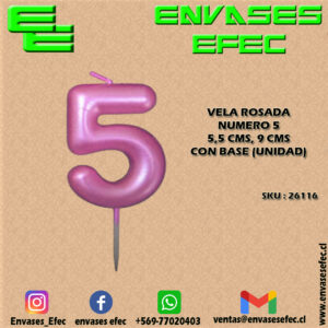VELA ROSADA NUMERO 5 - 5,5 CMS X 9 CMS CON BASE (UNIDAD)