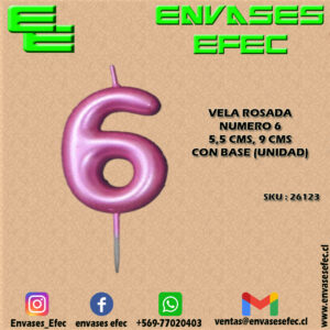 VELA ROSADA NUMERO 6 - 5,5 CMS X 9 CMS CON BASE (UNIDAD)