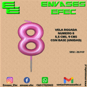 VELA ROSADA NUMERO 8 - 5,5 CMS X 9 CMS CON BASE (UNIDAD)