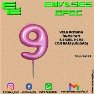 VELA ROSADA NUMERO 9 - 5,5 CMS X 9 CMS CON BASE (UNIDAD)