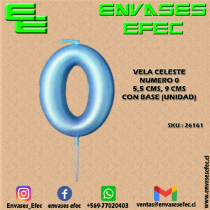 VELA CELESTE NUMERO 0 - 5,5 CMS X 9 CMS CON BASE (UNIDAD)