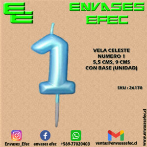 VELA CELESTE NUMERO 1 - 5,5 CMS X 9 CMS CON BASE (UNIDAD)