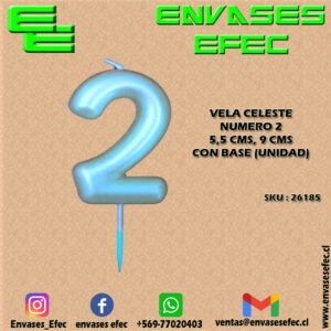 VELA CELESTE NUMERO 2 - 5,5 CMS X 9 CMS CON BASE (UNIDAD)