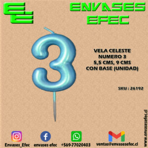 VELA CELESTE NUMERO 3 - 5,5 CMS X 9 CMS CON BASE (UNIDAD)