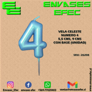 VELA CELESTE NUMERO 4 - 5,5 CMS X 9 CMS CON BASE (UNIDAD)