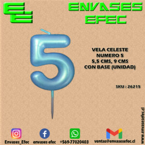 VELA CELESTE NUMERO 5 - 5,5 CMS X 9 CMS CON BASE (UNIDAD)