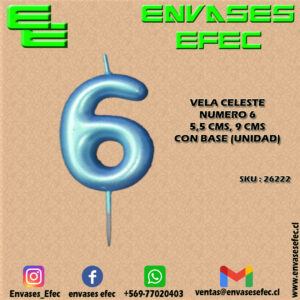 VELA CELESTE NUMERO 6 - 5,5 CMS X 9 CMS CON BASE (UNIDAD)