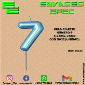VELA CELESTE NUMERO 7 - 5,5 CMS X 9 CMS CON BASE (UNIDAD)