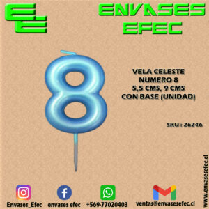 VELA CELESTE NUMERO 8 - 5,5 CMS X 9 CMS CON BASE (UNIDAD)
