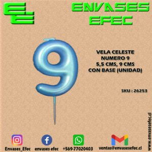 VELA CELESTE NUMERO 9 - 5,5 CMS X 9 CMS CON BASE (UNIDAD)