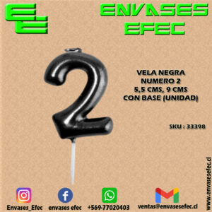 VELA NEGRA NUMERO 2 - 5,5 CMS X 9 CMS CON BASE (UNIDAD)