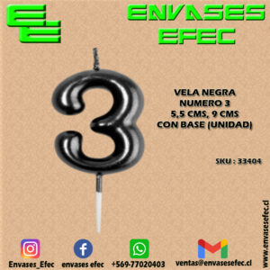 VELA NEGRA NUMERO 3 - 5,5 CMS X 9 CMS CON BASE (UNIDAD)