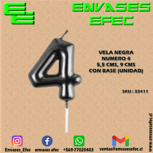 VELA NEGRA NUMERO 4 - 5,5 CMS X 9 CMS CON BASE (UNIDAD)