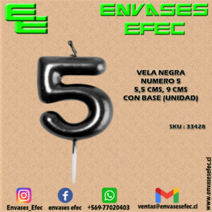 VELA NEGRA NUMERO 5 - 5,5 CMS X 9 CMS CON BASE (UNIDAD)