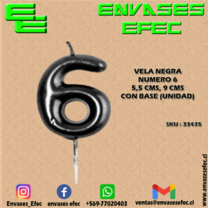 VELA NEGRA NUMERO 6 - 5,5 CMS X 9 CMS  CON BASE (UNIDAD)