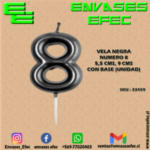 VELA NEGRA NUMERO 8 - 5,5 CMS X 9 CMS CON BASE (UNIDAD)
