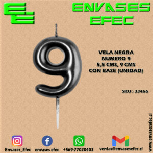 VELA NEGRA NUMERO 9 - 5,5 CMS X 9 CMS CON BASE (UNIDAD)