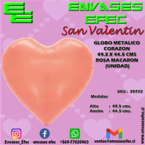 GLOBO METALICO CORAZON 49.5 X 44.5 CMS ROSA MACARON (UNIDAD)