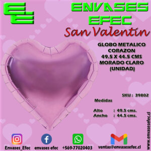 GLOBO METALICO CORAZON 49.5 X 44.5 CMS MORADO CLARO (UNIDAD)