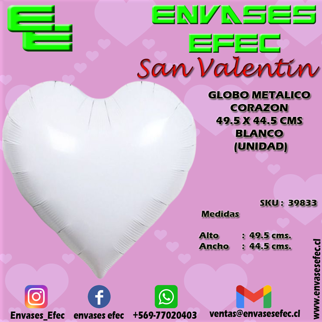 GLOBO METALICO CORAZON 49.5 X 44.5 CMS BLANCO (UNIDAD)