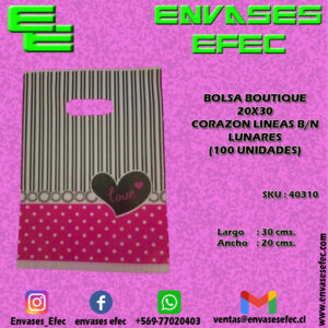 BOLSA BOUTIQUE 20X30 CORAZON LINEAS B/N LUNARES  (100 UNIDADES)