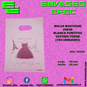 BOLSA BOUTIQUE 20X30 BLANCA PUNTITOS VESTIDO TORRE  (100 UNIDADES)