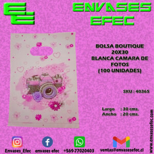 BOLSA BOUTIQUE 20X30 BLANCA CAMARA DE FOTOS (100 UNIDADES)