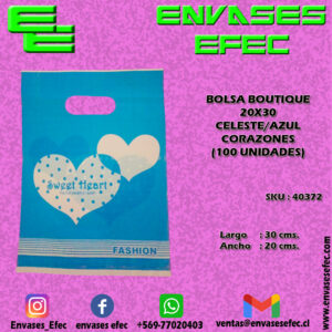 BOLSA BOUTIQUE 20X30 CELESTE/AZUL CORAZONES  (100 UNIDADES)
