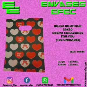 BOLSA BOUTIQUE 20X30 NEGRA CORAZONES FOR YOU  (100 UNIDADES)