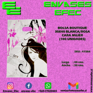 BOLSA BOUTIQUE 30X40 BLANCA/ROSA CARA MUJER (100 UNIDADES)