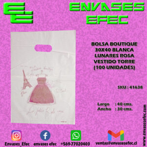 BOLSA BOUTIQUE 30X40 BLANCA LUNARES ROSA VESTIDO TORRE (100 UNIDADES)