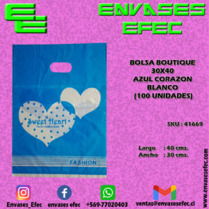 BOLSA BOUTIQUE 30X40 AZUL CORAZON BLANCO (100 UNIDADES)