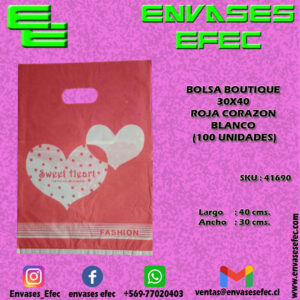 BOLSA BOUTIQUE 30X40 ROJA CORAZON BLANCO (100 UNIDADES)