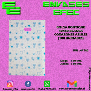 BOLSA BOUTIQUE 40X50 BLANCA CORAZONES AZULES (100 UNIDADES)