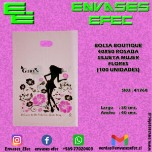 BOLSA BOUTIQUE 40X50 ROSADA SILUETA MUJER FLORES (100 UNIDADES)