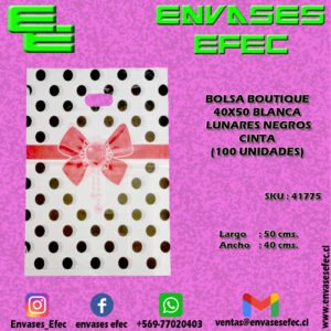 BOLSA BOUTIQUE 40X50 BLANCA LUNARES NEGROS CINTA (100 UNIDADES)