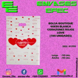 BOLSA BOUTIQUE 40X50 BLANCA CORAZONES ROJOS LOVE (100 UNIDADES)