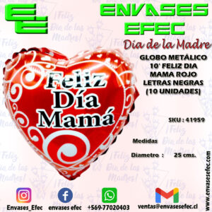 GLOBO METÁLICO 10' FELIZ DIA MAMA ROJO LETRAS NEGRAS (10 UNIDADES)