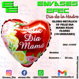 GLOBO METÁLICO 10' FELIZ DIA MAMA ROJO FLORES (10 UNIDADES)