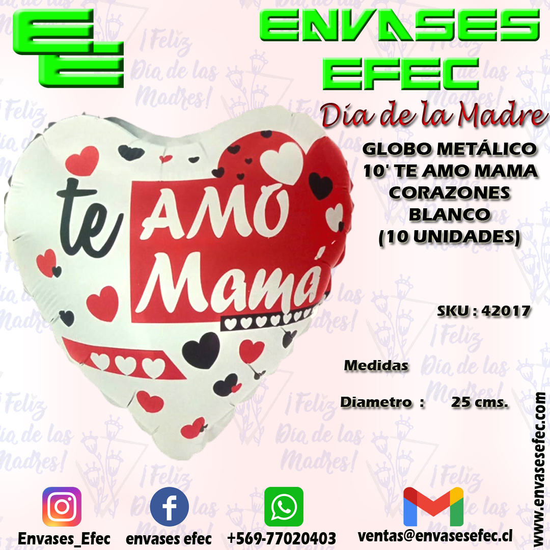 GLOBO METÁLICO 10' TE AMO MAMA CORAZONES BLANCO (10 UNIDADES)
