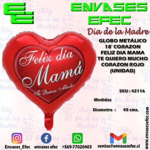 GLOBO METÁLICO 18' CORAZON FELIZ DIA MAMA TE QUIERO MUCHO CORAZON ROJO (UNIDAD)