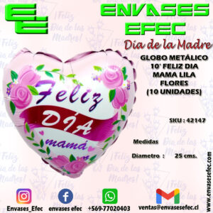 GLOBO METÁLICO 10' FELIZ DIA MAMA LILA FLORES (10 UNIDADES)