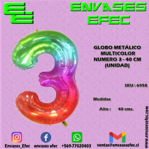 GLOBO METÁLICO MULTICOLOR NUMERO 3 - 40 CM (UNIDAD)