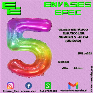 GLOBO METÁLICO MULTICOLOR NUMERO 5 - 40 CM (UNIDAD)