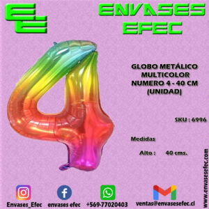 GLOBO METÁLICO MULTICOLOR NUMERO 4 - 40 CM (UNIDAD)