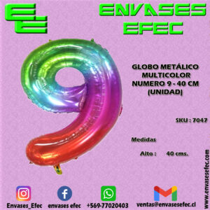 GLOBO METÁLICO MULTICOLOR NUMERO 9 - 40 CM (UNIDAD)